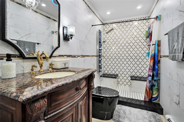 bathroom featuring toilet, a baseboard heating unit, tile walls, walk in shower, and ornamental molding