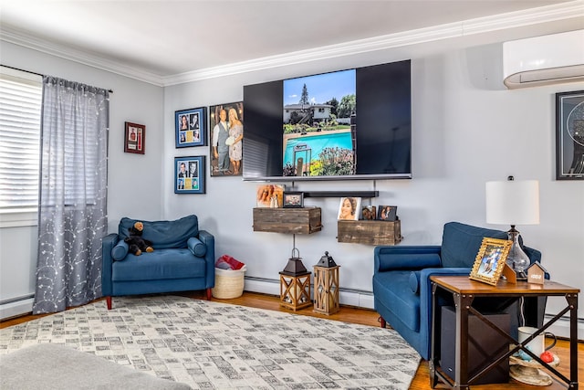 living room with baseboard heating, ornamental molding, hardwood / wood-style flooring, and an AC wall unit