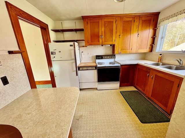 23 Riverside Dr, Roscoe, NY 12776 - kitchen with a sink, tasteful backsplash, white appliances, open shelves, and light countertops