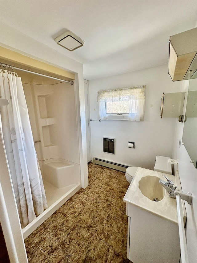 23 Riverside Dr, Roscoe, NY 12776 - full bathroom featuring a baseboard heating unit, vanity, and a shower with shower curtain