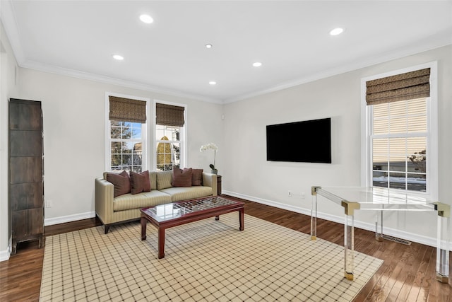 living room featuring crown molding and hardwood / wood-style flooring