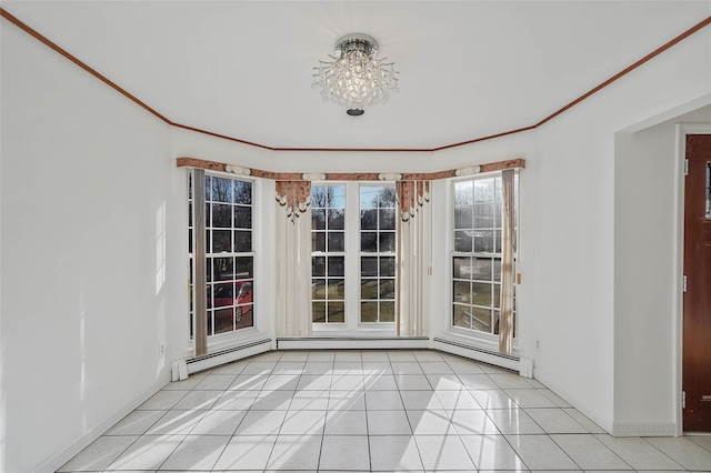 unfurnished dining area with a notable chandelier, crown molding, baseboards, and light tile patterned floors