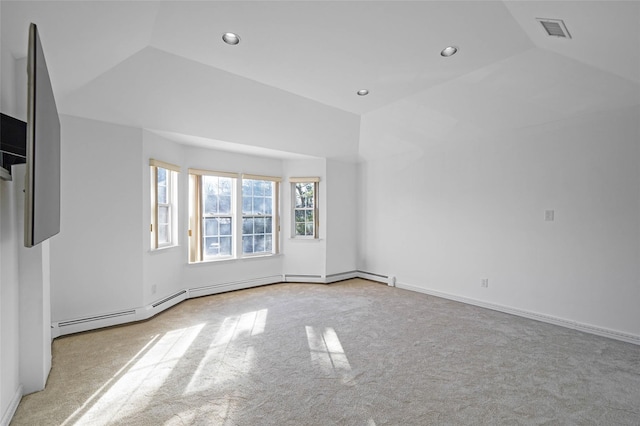 carpeted spare room featuring recessed lighting, a baseboard radiator, visible vents, vaulted ceiling, and baseboards