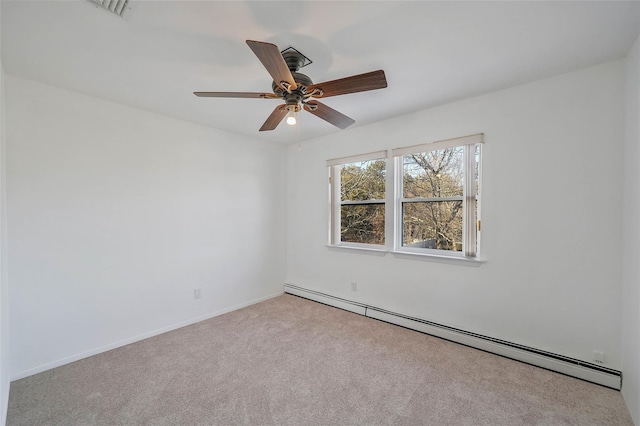 unfurnished room featuring baseboards, visible vents, a baseboard radiator, ceiling fan, and carpet flooring