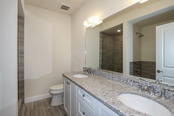 bathroom featuring toilet, vanity, and a shower with shower door