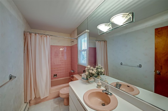 full bathroom featuring vanity, baseboard heating, toilet, shower / bathtub combination with curtain, and tile patterned floors