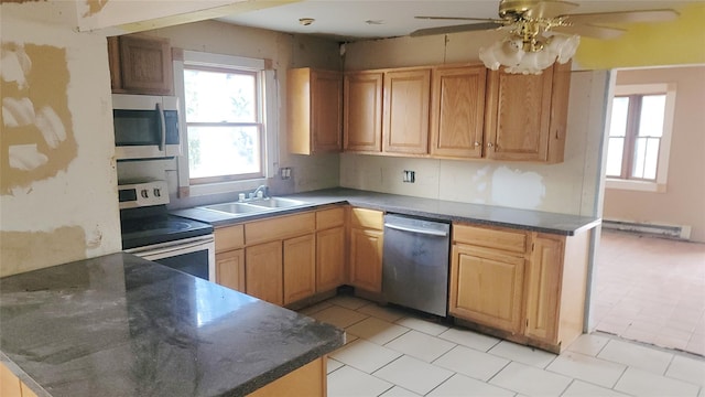 kitchen with kitchen peninsula, ceiling fan, stainless steel appliances, baseboard heating, and sink