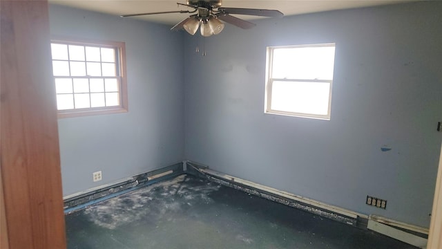 empty room featuring ceiling fan and plenty of natural light