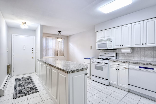 kitchen featuring white cabinetry, decorative backsplash, white appliances, baseboard heating, and hanging light fixtures