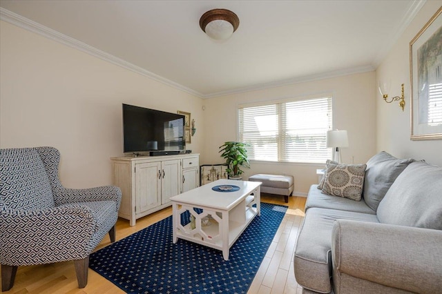 living room with ornamental molding and light hardwood / wood-style flooring