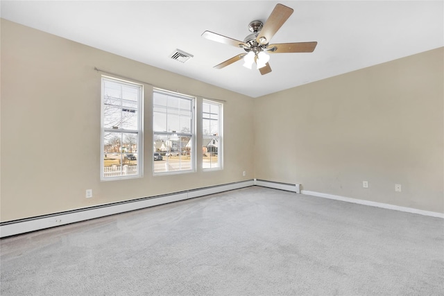 empty room featuring visible vents, baseboards, carpet, ceiling fan, and a baseboard radiator