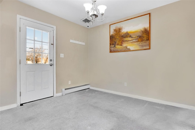 interior space featuring visible vents, baseboards, carpet, baseboard heating, and an inviting chandelier