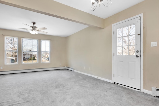 foyer entrance featuring beamed ceiling, ceiling fan with notable chandelier, a baseboard heating unit, carpet floors, and baseboards