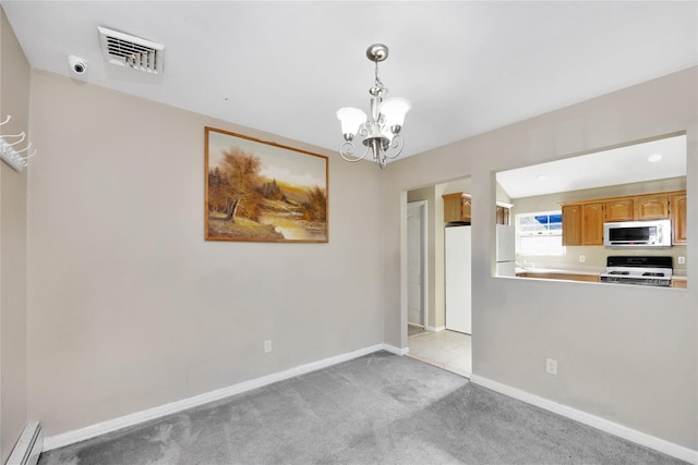 unfurnished dining area with visible vents, baseboards, light carpet, baseboard heating, and a notable chandelier