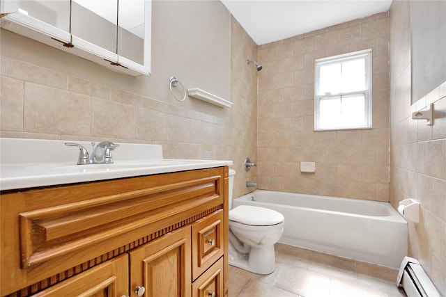 bathroom featuring tile patterned flooring, toilet, baseboard heating, shower / bathtub combination, and tile walls