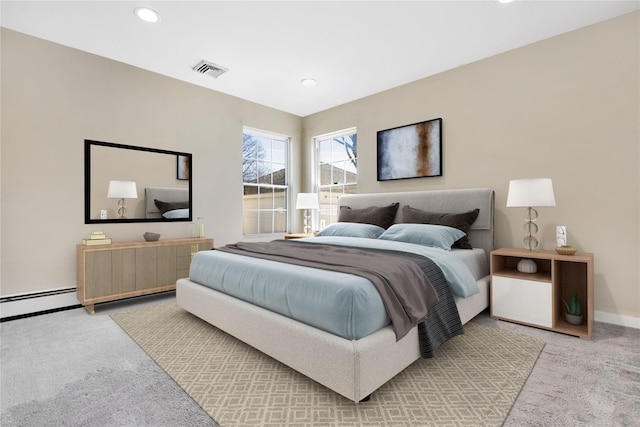 bedroom with visible vents, recessed lighting, baseboard heating, and carpet floors