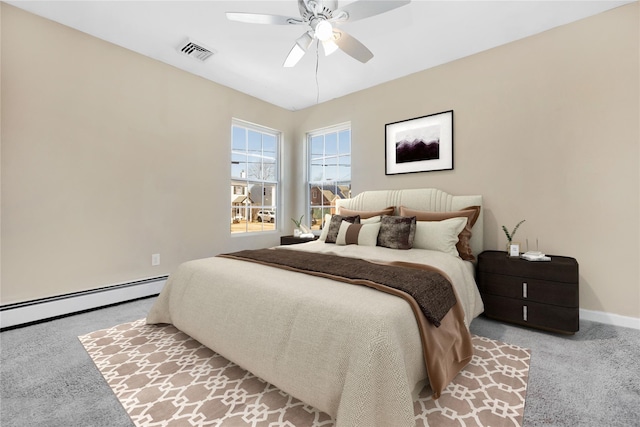 carpeted bedroom featuring baseboards, visible vents, baseboard heating, and a ceiling fan