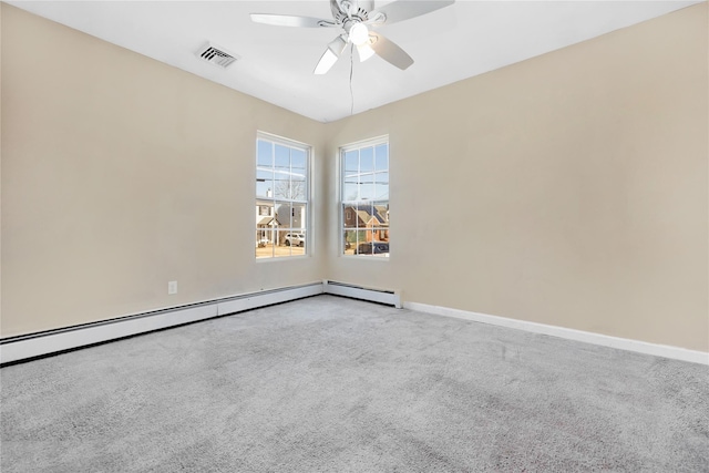 unfurnished room featuring visible vents, baseboards, carpet floors, a ceiling fan, and a baseboard radiator