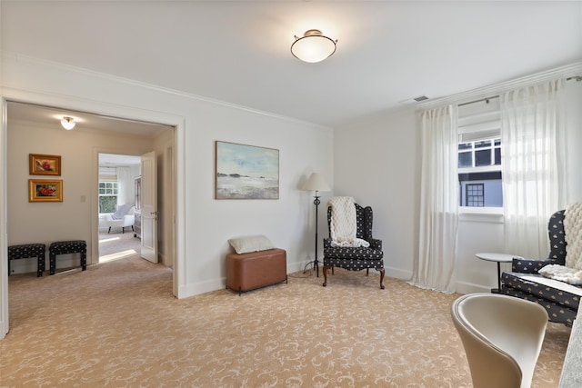 living area featuring ornamental molding