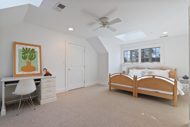 bedroom with lofted ceiling, light colored carpet, and ceiling fan