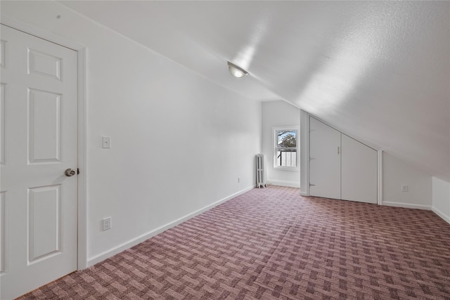 bonus room with a textured ceiling, carpet flooring, and vaulted ceiling