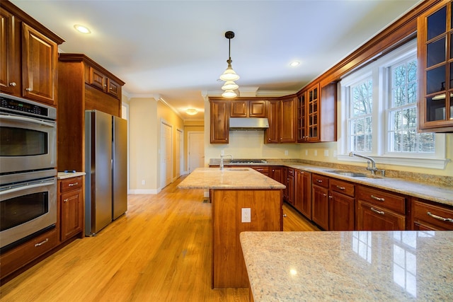 kitchen with decorative light fixtures, stainless steel appliances, sink, ornamental molding, and a kitchen island with sink