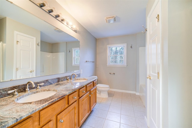 full bathroom with toilet, vanity, bathing tub / shower combination, and tile patterned floors