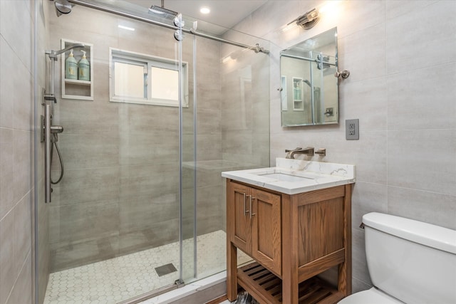 bathroom with toilet, vanity, and a shower with shower door