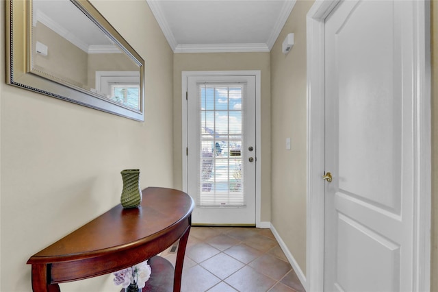 doorway to outside featuring light tile patterned flooring and crown molding