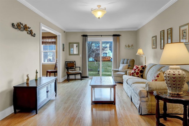 living room featuring crown molding and light wood-type flooring