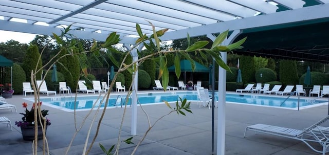 view of swimming pool featuring a pergola and a patio