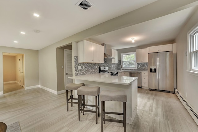 kitchen featuring white cabinetry, kitchen peninsula, appliances with stainless steel finishes, a baseboard radiator, and wall chimney range hood