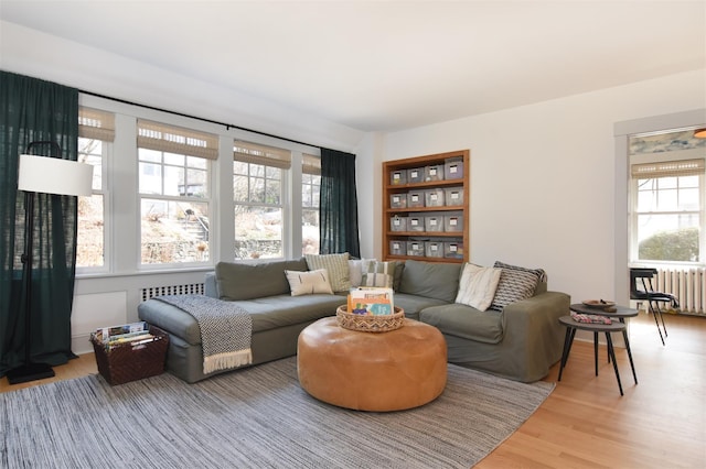 living room with radiator, light wood-style flooring, and radiator heating unit