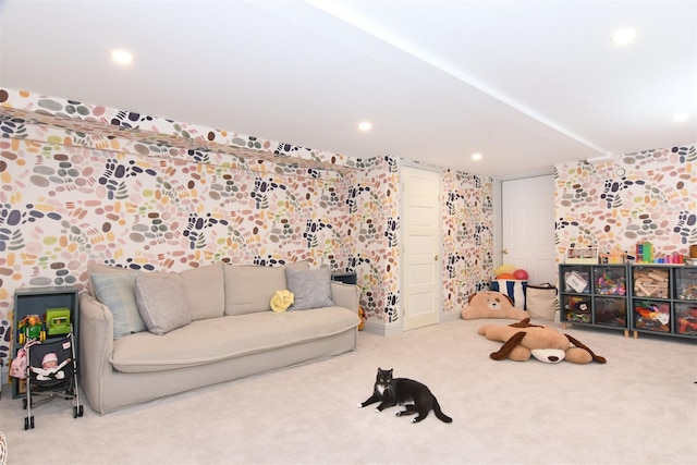 playroom with carpet floors and recessed lighting