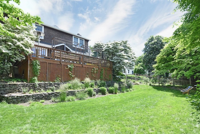 view of yard featuring fence and a deck