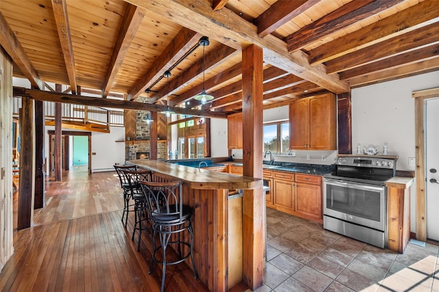 kitchen featuring beamed ceiling, stainless steel electric stove, and wooden ceiling