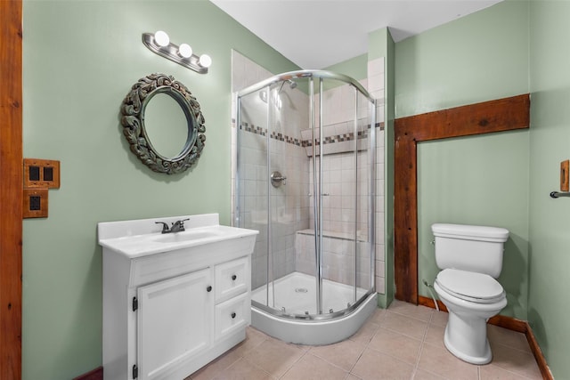 bathroom featuring tile patterned flooring, vanity, a shower with door, and toilet