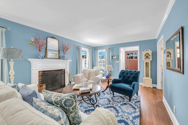 living room featuring wood-type flooring, ornamental molding, and a fireplace