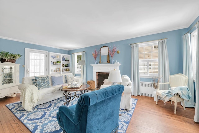 living room with light wood-type flooring, radiator heating unit, and ornamental molding