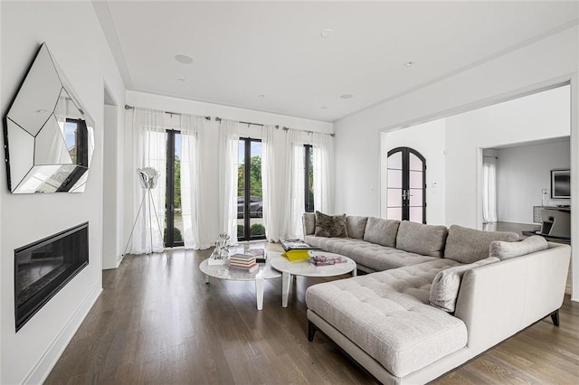 living room featuring french doors and wood-type flooring