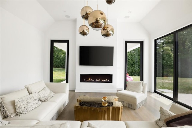 living room with hardwood / wood-style flooring and vaulted ceiling