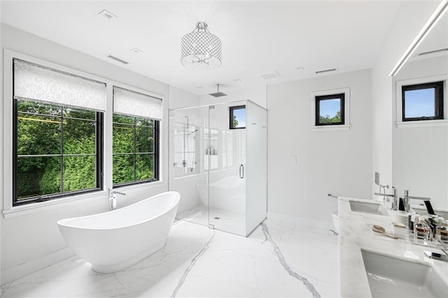 bathroom with vanity and separate shower and tub