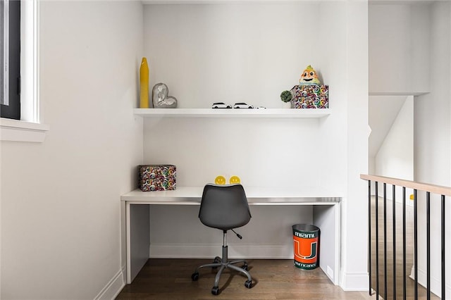 office space featuring built in desk and hardwood / wood-style floors