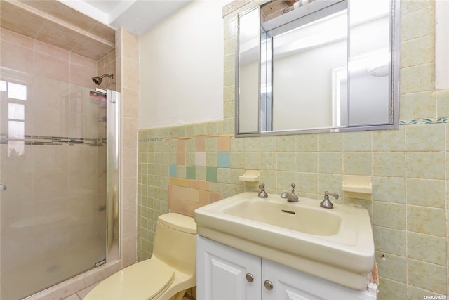 bathroom with tile walls, toilet, walk in shower, and vanity