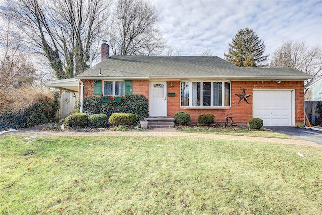 single story home with a garage and a front lawn