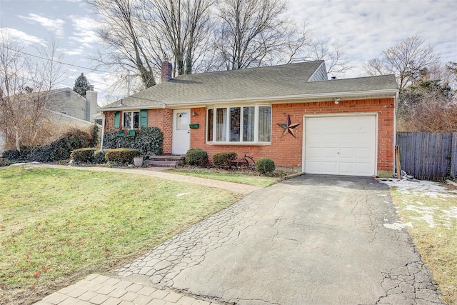 single story home featuring a garage and a front lawn