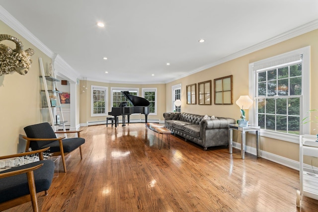 living room with a baseboard heating unit, crown molding, and light hardwood / wood-style floors