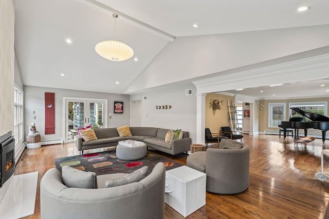 living room featuring beam ceiling, light wood-type flooring, high vaulted ceiling, french doors, and decorative columns