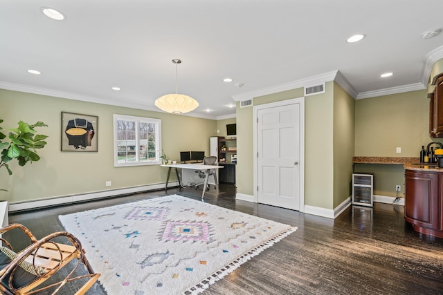 home office with a baseboard radiator, dark wood-type flooring, wine cooler, ornamental molding, and sink