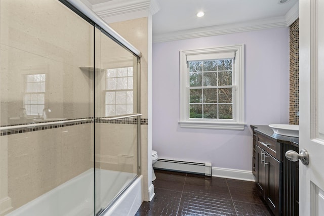 full bathroom featuring combined bath / shower with glass door, vanity, ornamental molding, and a baseboard radiator